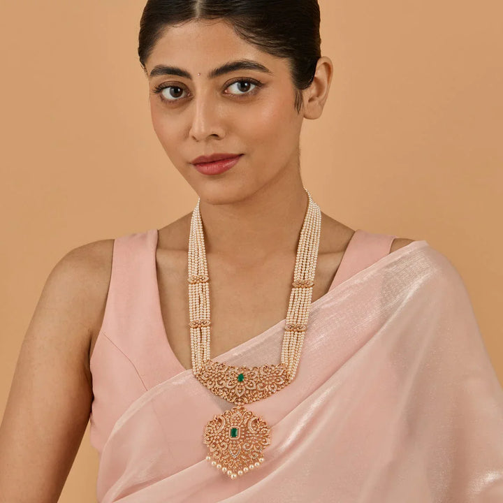 Multistrand Pearls Necklace and CZ Floral Pendant and Dangling Pearls