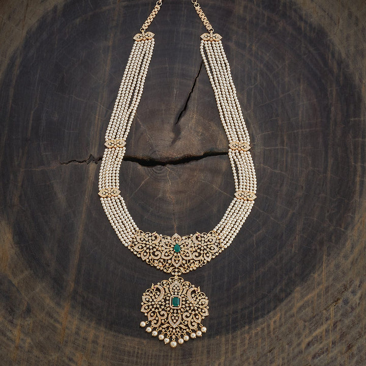 Multistrand Pearls Necklace and CZ Floral Pendant and Dangling Pearls