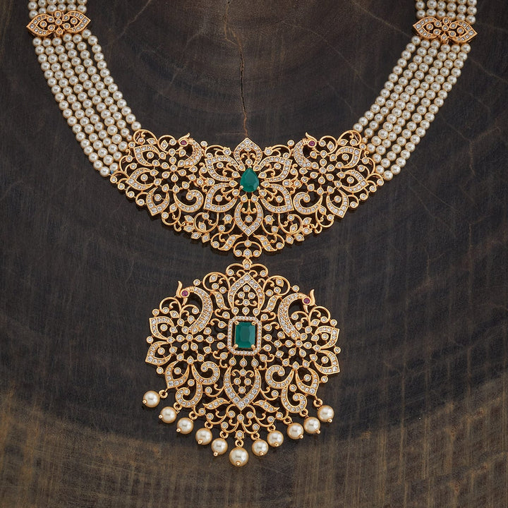 Multistrand Pearls Necklace and CZ Floral Pendant and Dangling Pearls