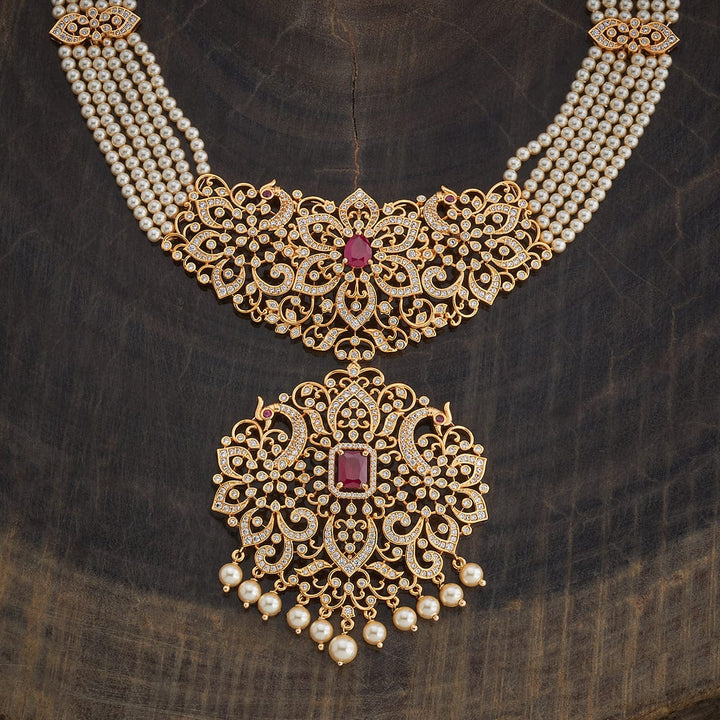 Multistrand Pearls Necklace and CZ Floral Pendant and Dangling Pearls