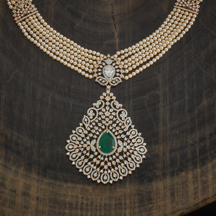 Multistrand Pearls Necklace and CZ Pendant and Ruby Stone