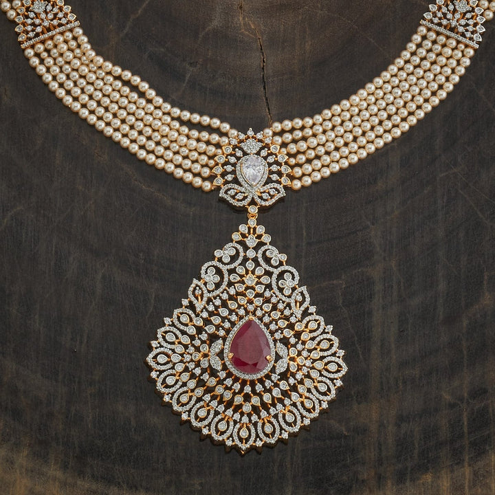 Multistrand Pearls Necklace and CZ Pendant and Ruby Stone