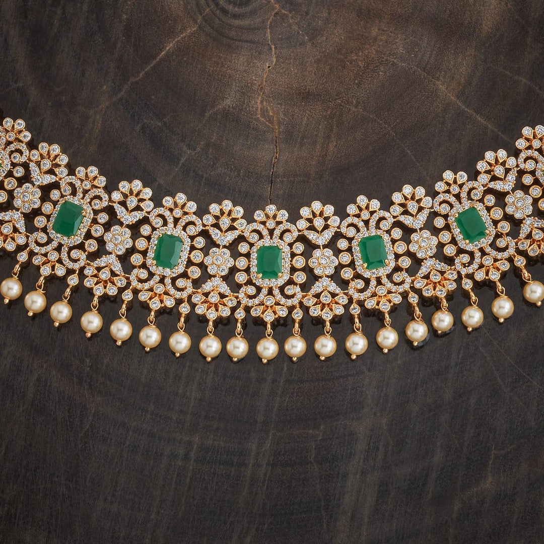 CZ Floral Motifs Short Necklace Set with Green Stone And Dangling Pearls