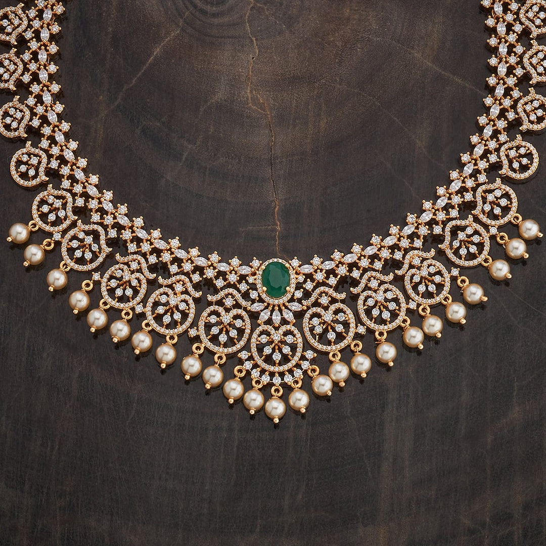 CZ Floral Motifs Long Necklaces with Dangling Pearls And Adjustable Chain