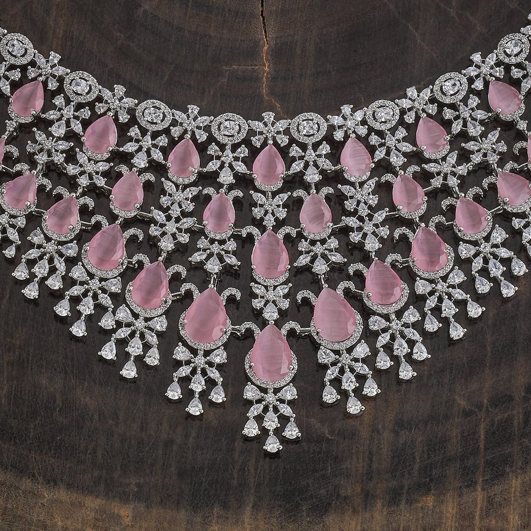 Rhodium-Plated CZ-Studded and Pink Beaded Necklace Set