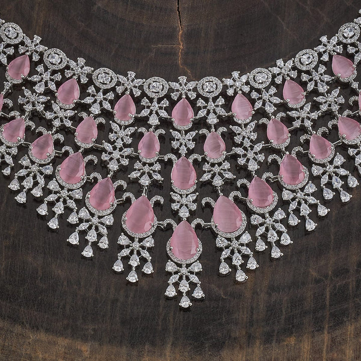 Rhodium-Plated CZ-Studded and Pink Beaded Necklace Set