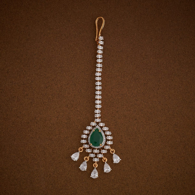 Handcrafted Drop Maang Tikka embellished with synthetic stones in White and Green