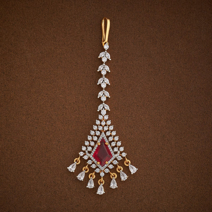 Handcrafted Tikka embellished with synthetic stones in White and Ruby