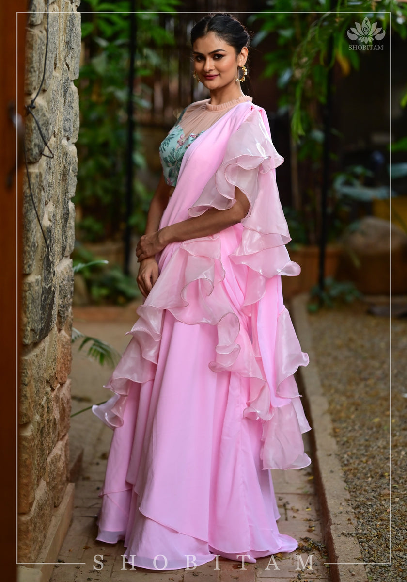 Pink Silk Rufle Saree