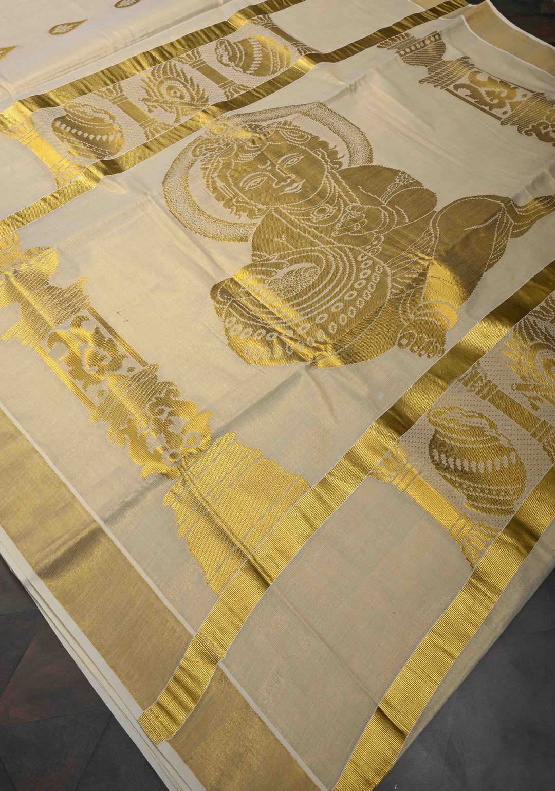 Unique Kerala Kasavu Saree in Tissue Cotton with Zari Buttas and Baby Krishna Theme on Pallu