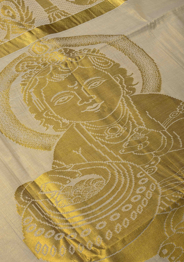 Unique Kerala Kasavu Saree in Tissue Cotton with Zari Buttas and Baby Krishna Theme on Pallu