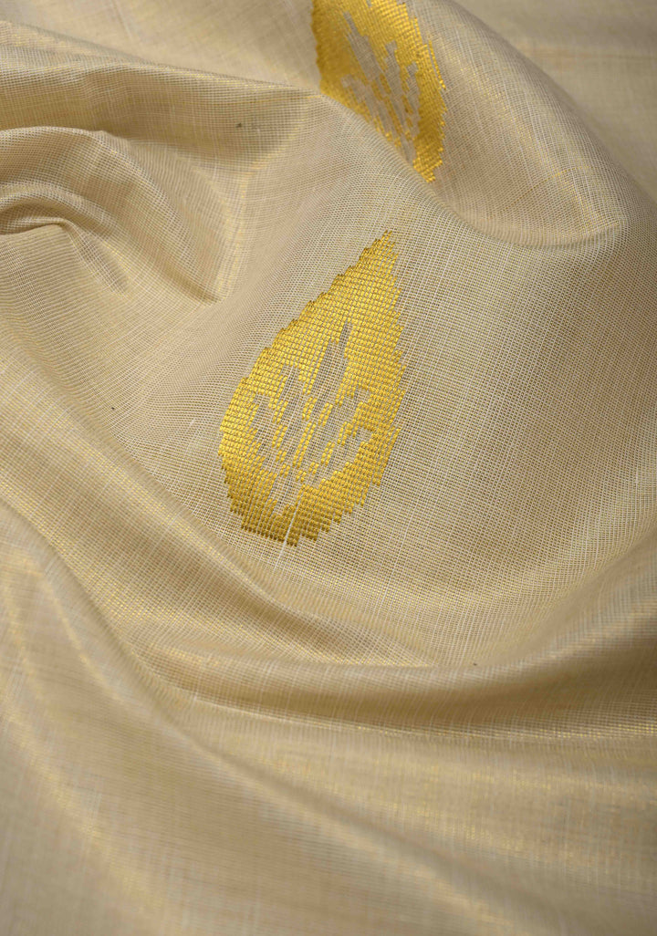 Unique Kerala Kasavu Saree in Tissue Cotton with Zari Buttas and Baby Krishna Theme on Pallu