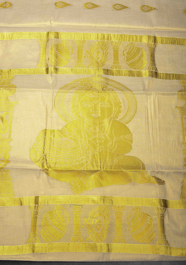 Unique Kerala Kasavu Saree in Tissue Cotton with Zari Buttas and Baby Krishna Theme on Pallu