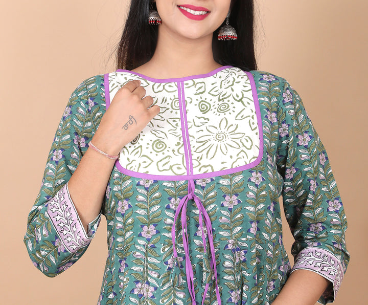 Salwar Suit - 3 PIece Amara teal green hand block printed suit with chiffon dupatta and trendy flared pants