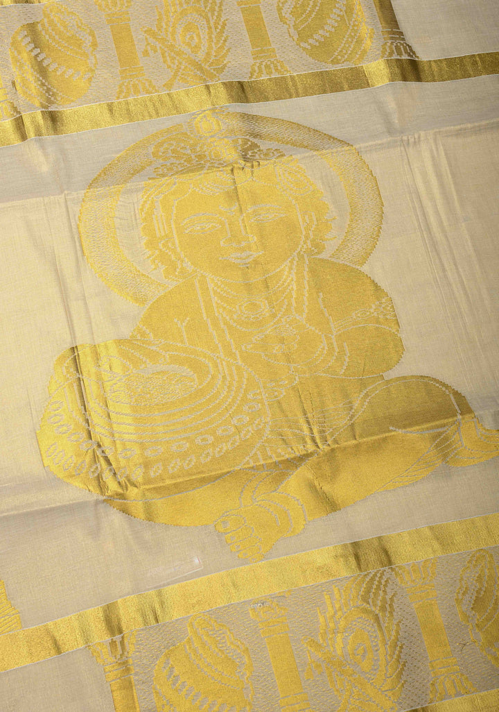 Unique Kerala Kasavu Saree in Tissue Cotton with Zari Buttas and Baby Krishna Theme on Pallu