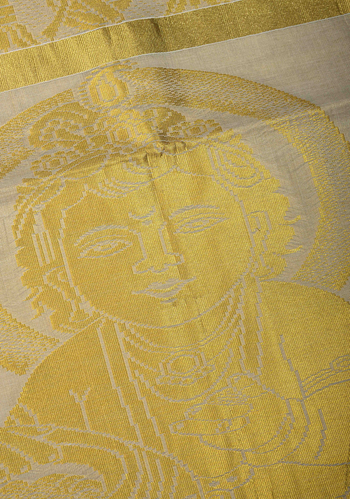 Unique Kerala Kasavu Saree in Tissue Cotton with Zari Buttas and Baby Krishna Theme on Pallu