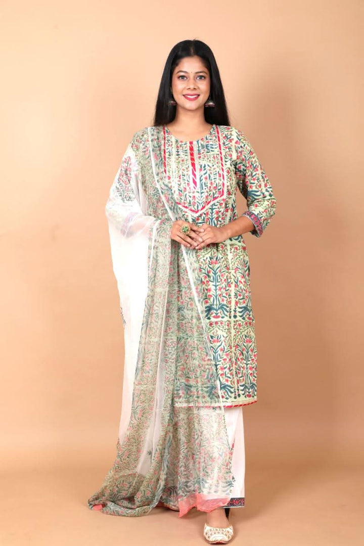 Bageecha 3 Piece Cotton Suit with Gota Detailing with Persian Floral Prints