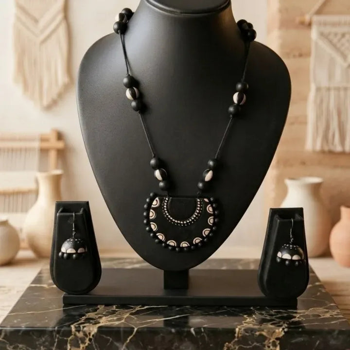 Terracotta Elegant Black Beaded Crescent Pendant Necklace Set for Women – Minimal Ethnic Jewelry| SHOBITAM