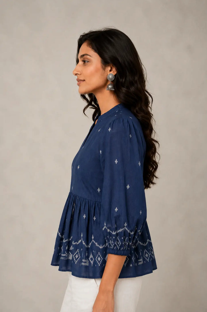 Handloom Indigo Jamdani Peplum Top | SHOBITAM
