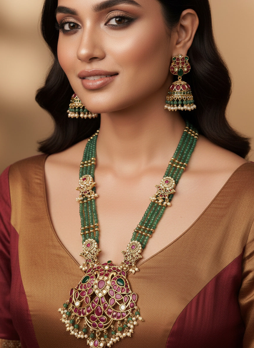 Traditional Bridal Royal Kemp Stone Haram Necklace Set | SHOBITAM