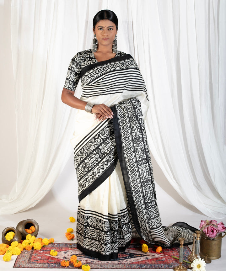 Off White Bishnupuri Handloom Pure Silk Saree with Block Print Geometric Border | SILK MARK CERTIFIED