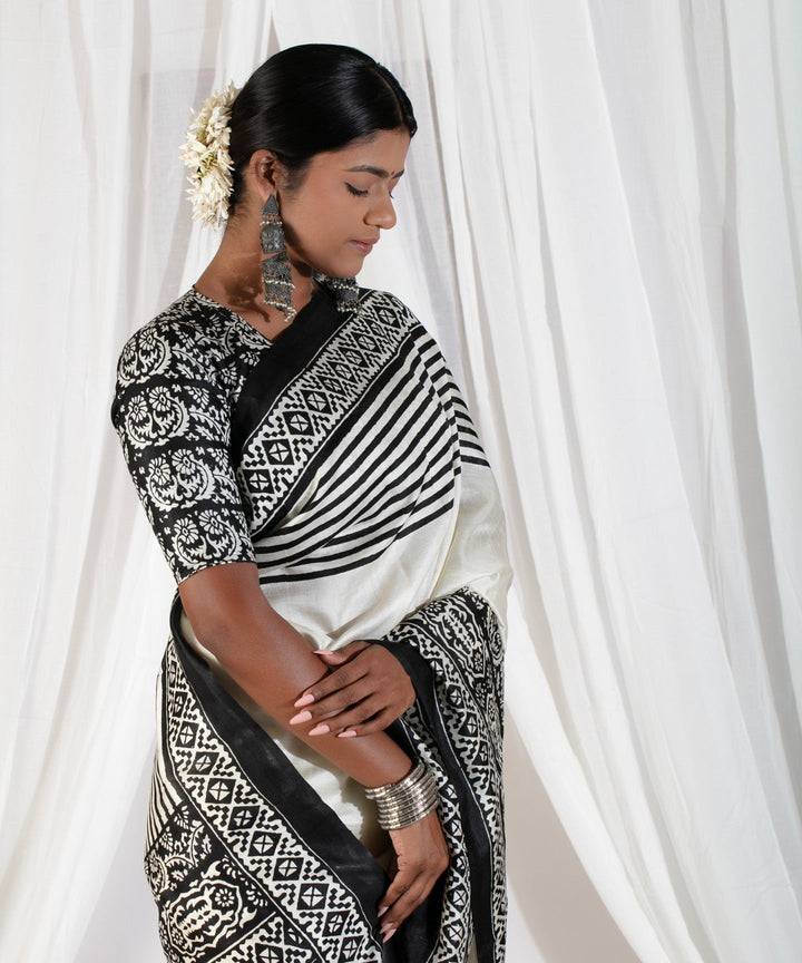 Off White Bishnupuri Handloom Pure Silk Saree with Block Print Geometric Border | SILK MARK CERTIFIED