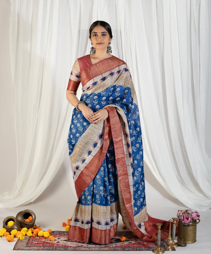 Blue Pure Handloom Jari Tussar Silk Saree with Block Print and Panel Design on Contrast Zari Border | SILK MARK CERTIFIED