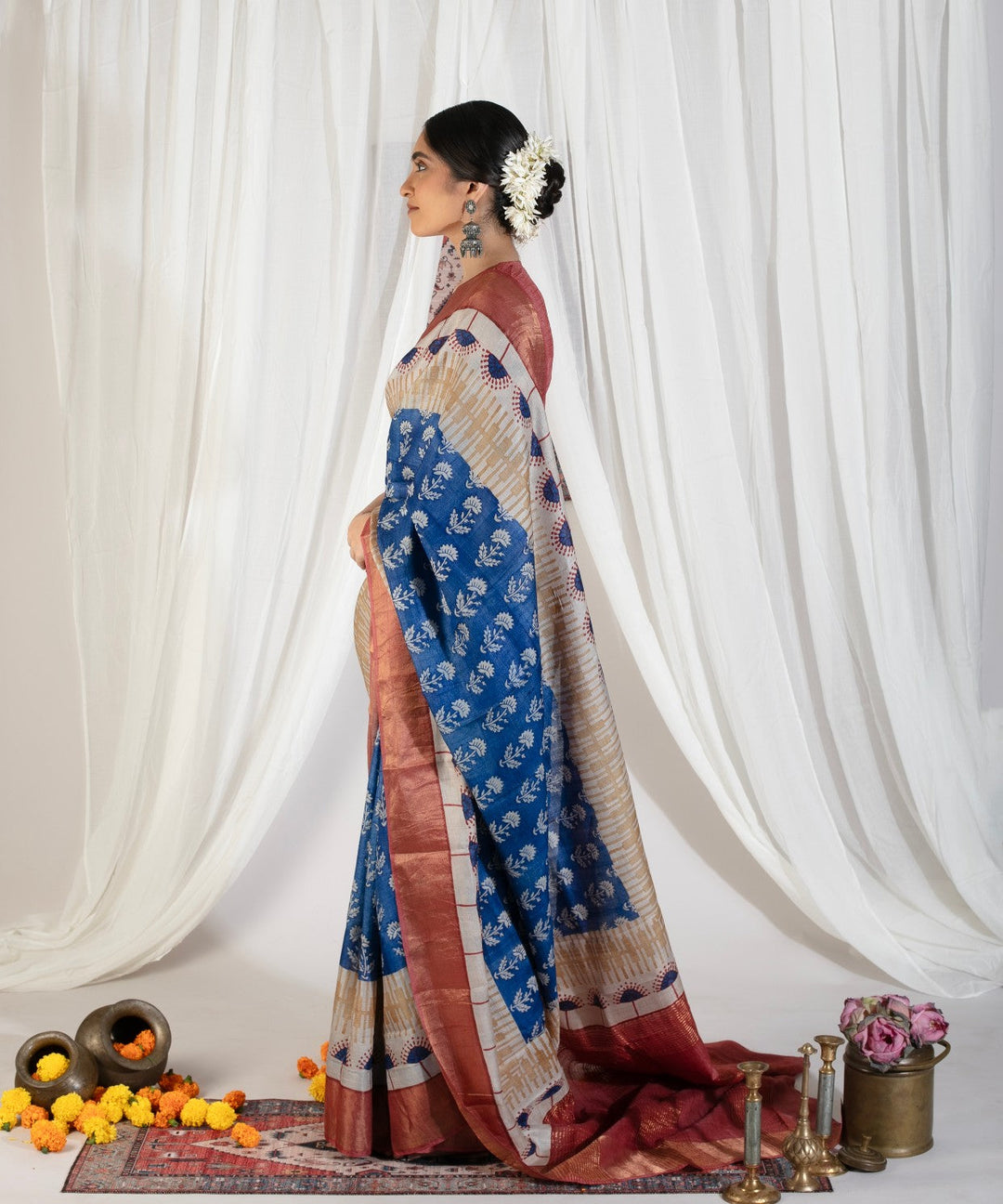 Blue Pure Handloom Jari Tussar Silk Saree with Block Print and Panel Design on Contrast Zari Border | SILK MARK CERTIFIED