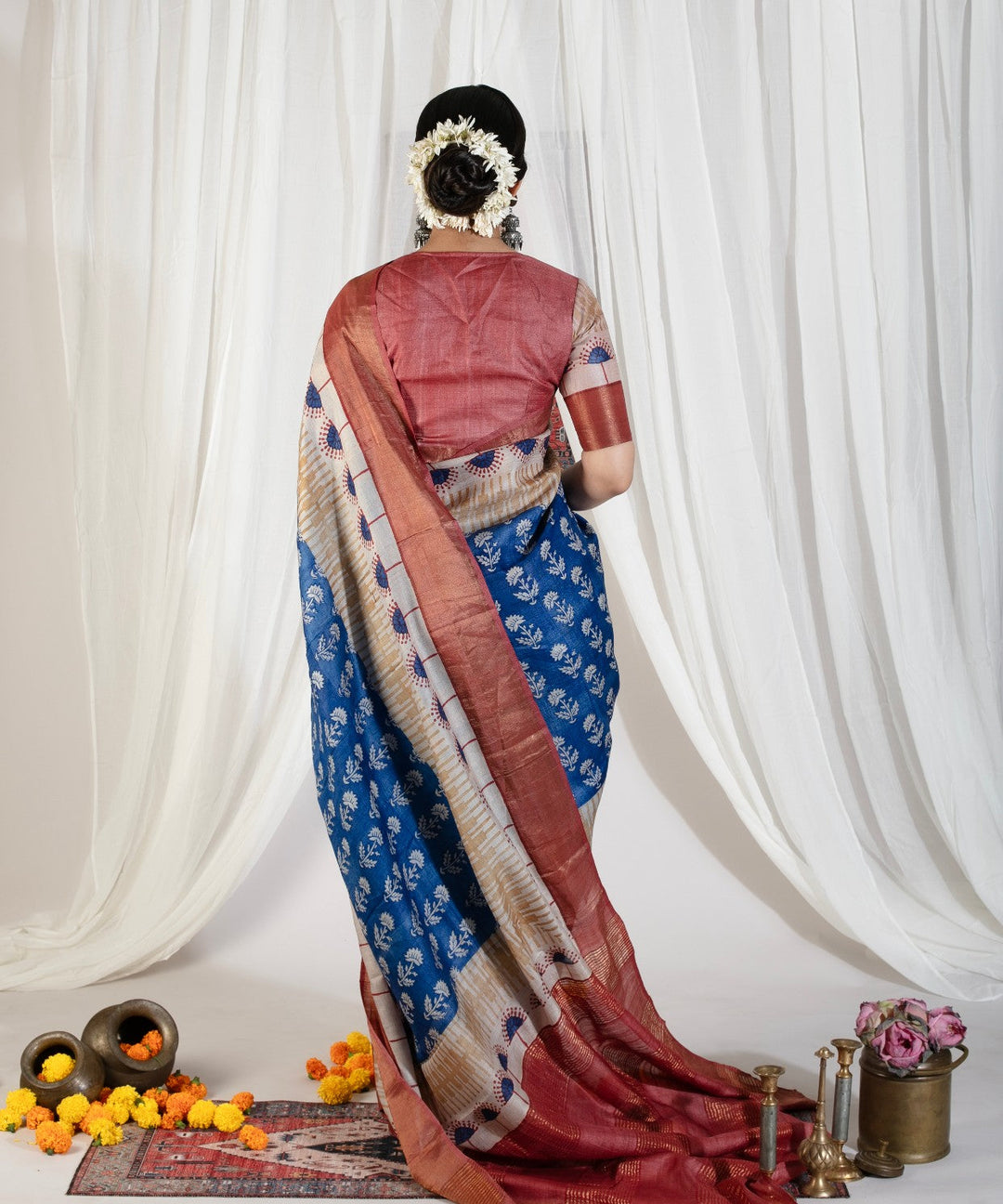 Blue Pure Handloom Jari Tussar Silk Saree with Block Print and Panel Design on Contrast Zari Border | SILK MARK CERTIFIED