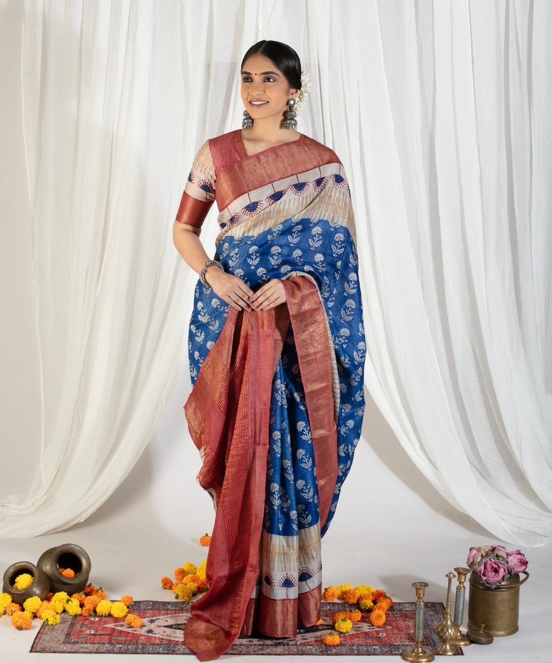 Blue Pure Handloom Jari Tussar Silk Saree with Block Print and Panel Design on Contrast Zari Border | SILK MARK CERTIFIED