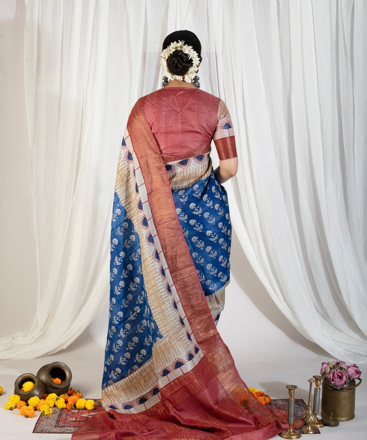 Blue Pure Handloom Jari Tussar Silk Saree with Block Print and Panel Design on Contrast Zari Border | SILK MARK CERTIFIED