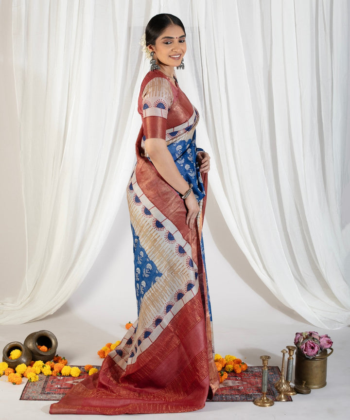 Blue Pure Handloom Jari Tussar Silk Saree with Block Print and Panel Design on Contrast Zari Border | SILK MARK CERTIFIED