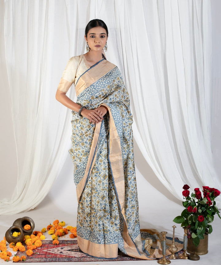 Heather Blue Pure Handloom Jari Tussar Silk Saree with Handblock Print and Zari Border | SILK MARK CERTIFIED