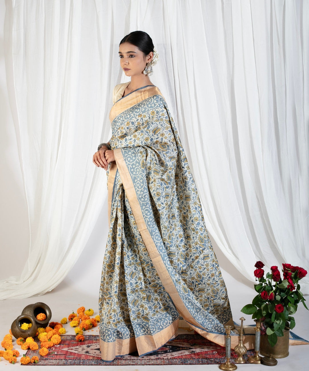 Heather Blue Pure Handloom Jari Tussar Silk Saree with Handblock Print and Zari Border | SILK MARK CERTIFIED