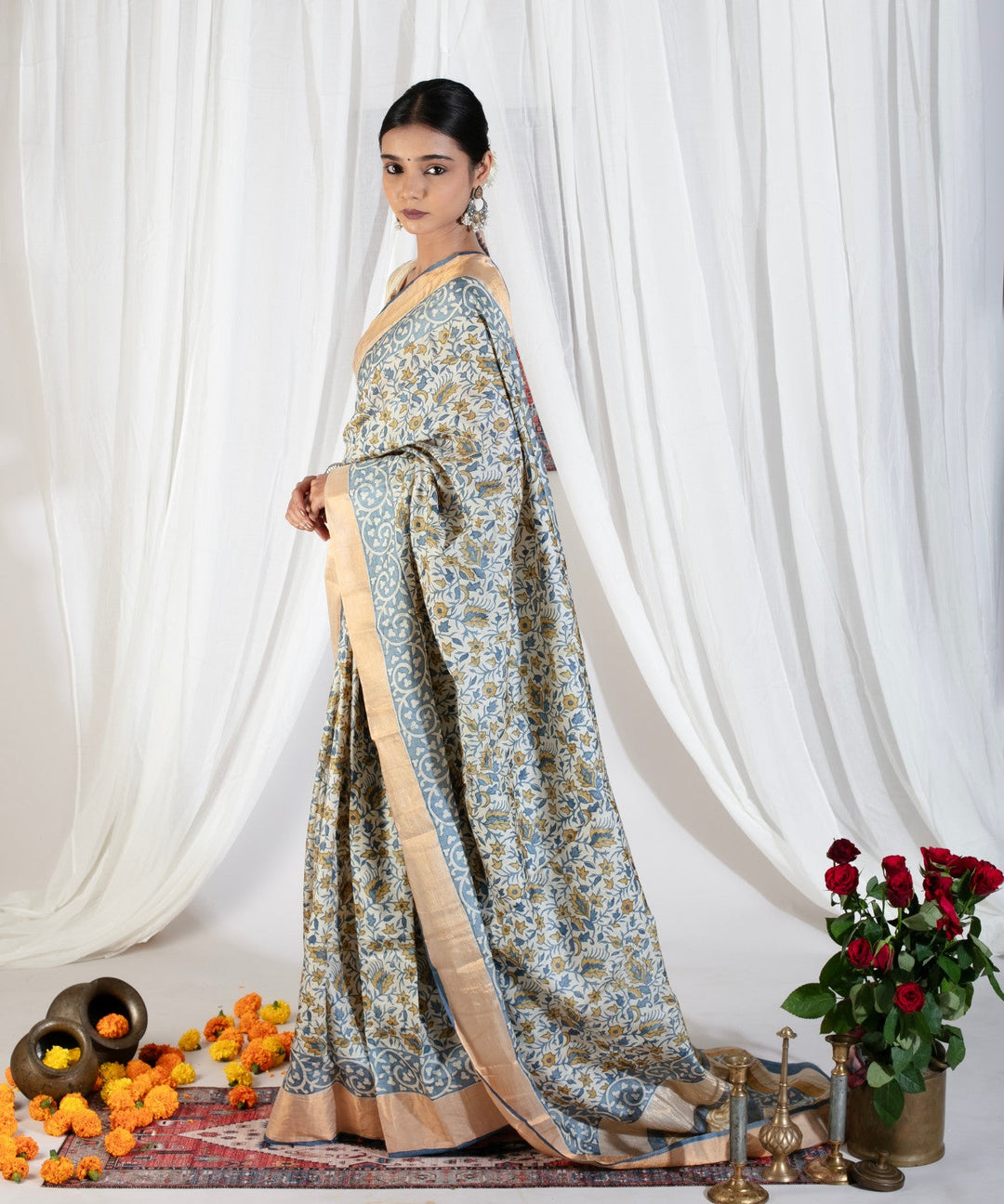 Heather Blue Pure Handloom Jari Tussar Silk Saree with Handblock Print and Zari Border | SILK MARK CERTIFIED