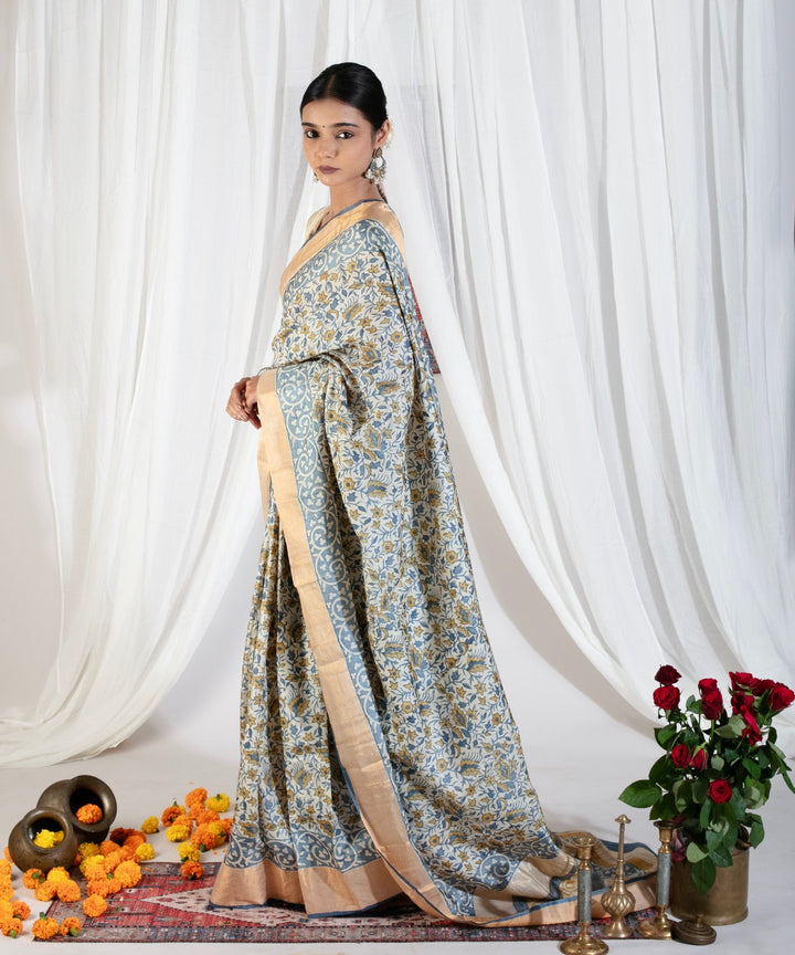 Heather Blue Pure Handloom Jari Tussar Silk Saree with Handblock Print and Zari Border | SILK MARK CERTIFIED