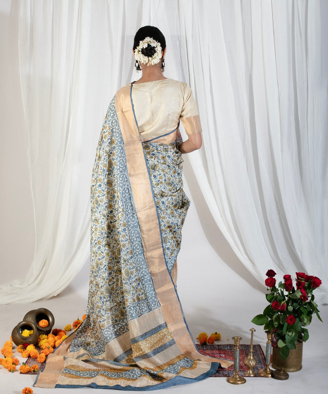 Heather Blue Pure Handloom Jari Tussar Silk Saree with Handblock Print and Zari Border | SILK MARK CERTIFIED