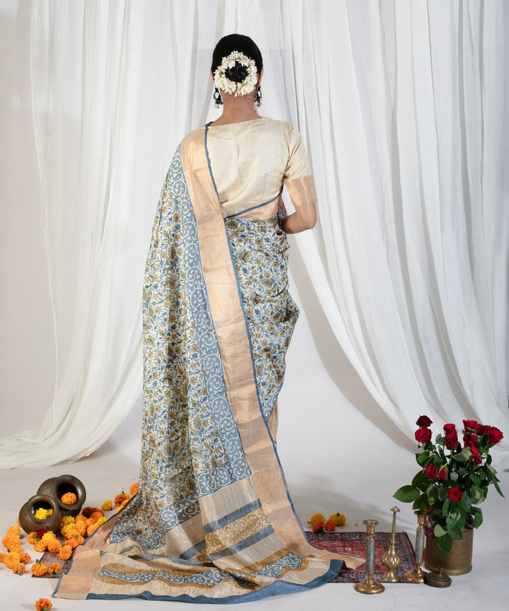 Heather Blue Pure Handloom Jari Tussar Silk Saree with Handblock Print and Zari Border | SILK MARK CERTIFIED