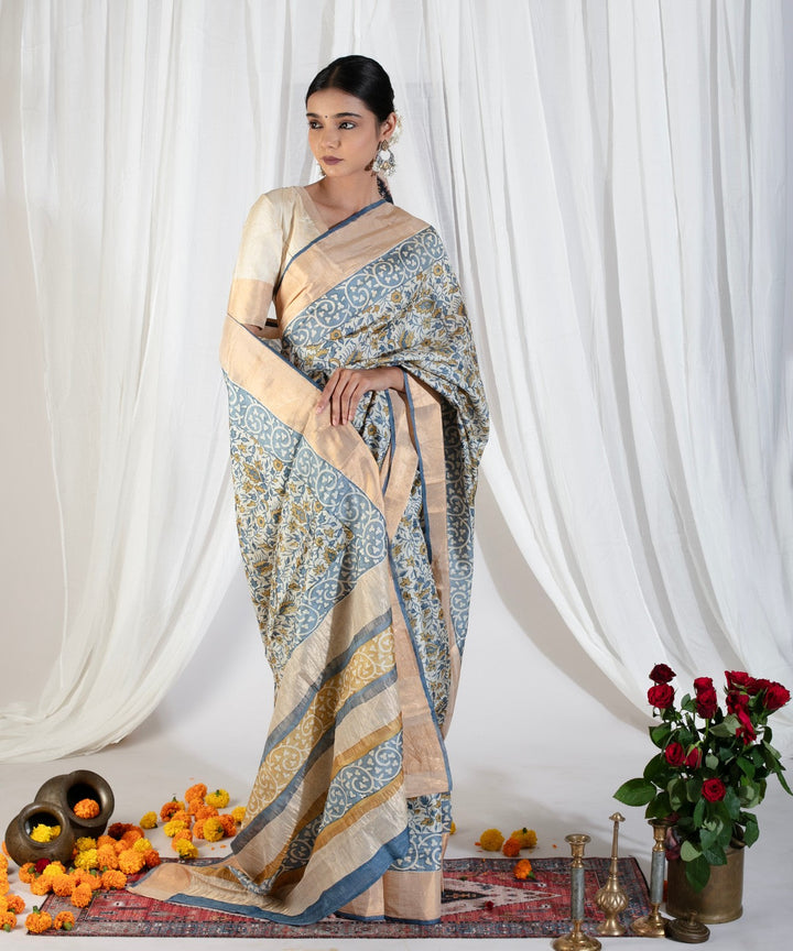 Heather Blue Pure Handloom Jari Tussar Silk Saree with Handblock Print and Zari Border | SILK MARK CERTIFIED
