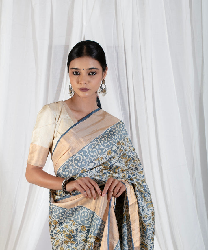 Heather Blue Pure Handloom Jari Tussar Silk Saree with Handblock Print and Zari Border | SILK MARK CERTIFIED