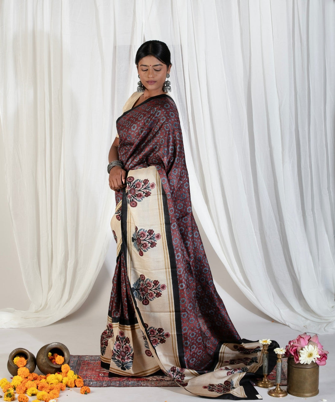 Coco Brown Pure Tussar Silk Saree with Floral Handblock Print  | SILK MARK CERTIFIED