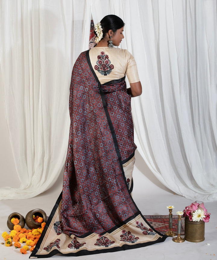 Coco Brown Pure Tussar Silk Saree with Floral Handblock Print  | SILK MARK CERTIFIED