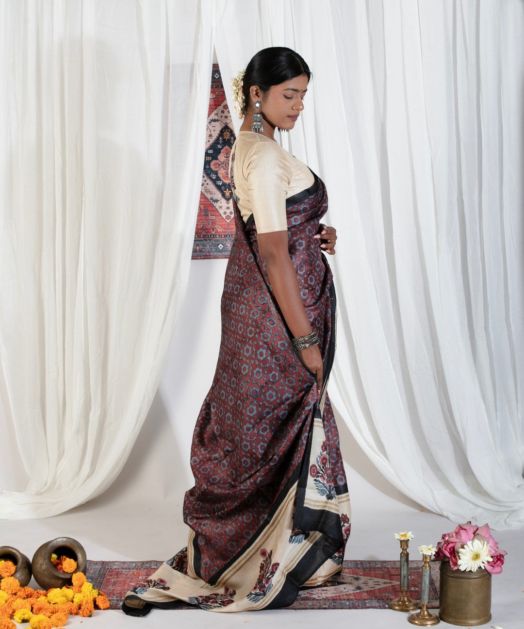 Coco Brown Pure Tussar Silk Saree with Floral Handblock Print  | SILK MARK CERTIFIED