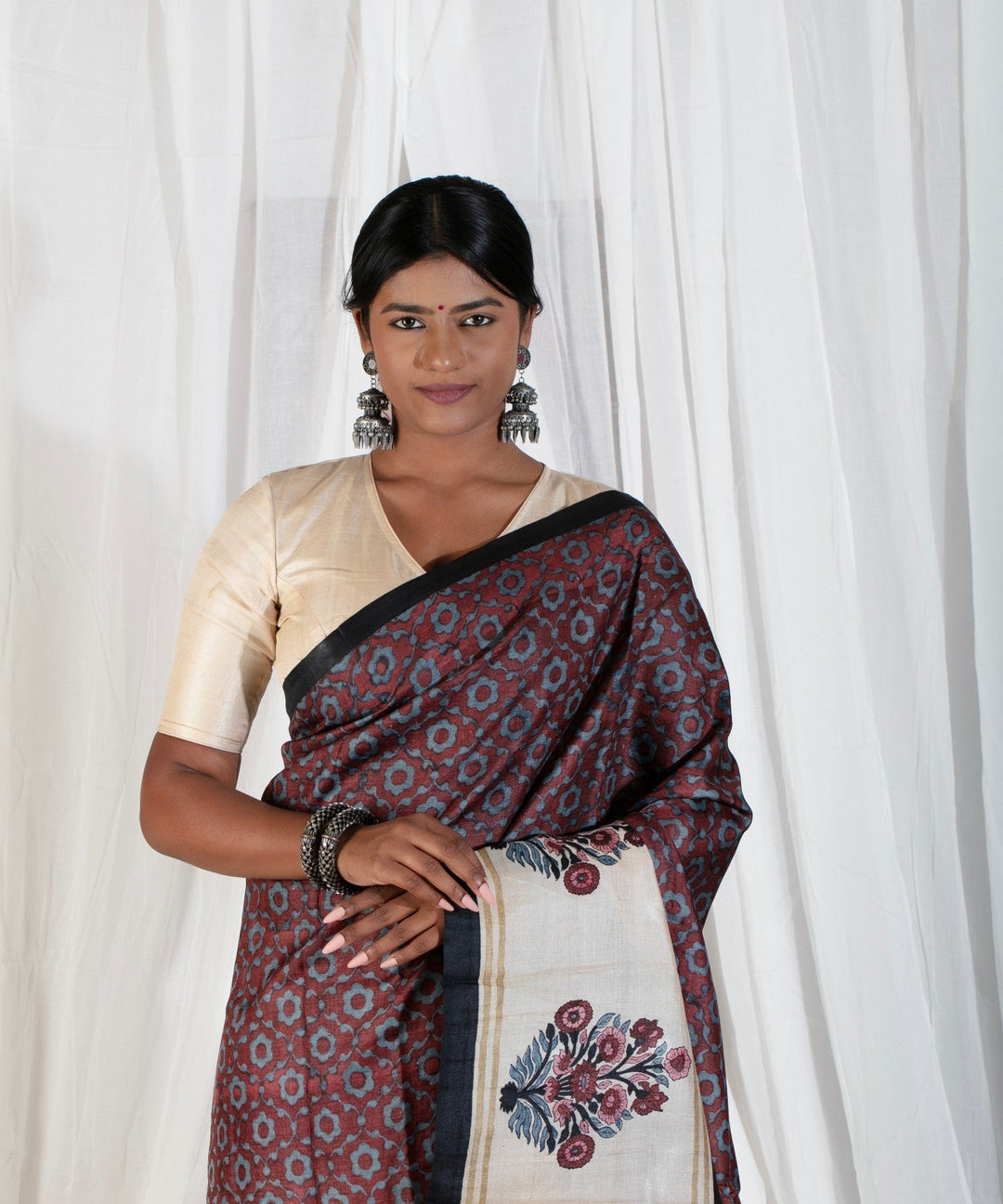 Coco Brown Pure Tussar Silk Saree with Floral Handblock Print  | SILK MARK CERTIFIED