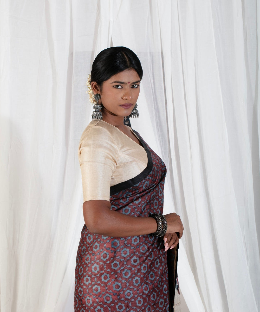 Coco Brown Pure Tussar Silk Saree with Floral Handblock Print  | SILK MARK CERTIFIED