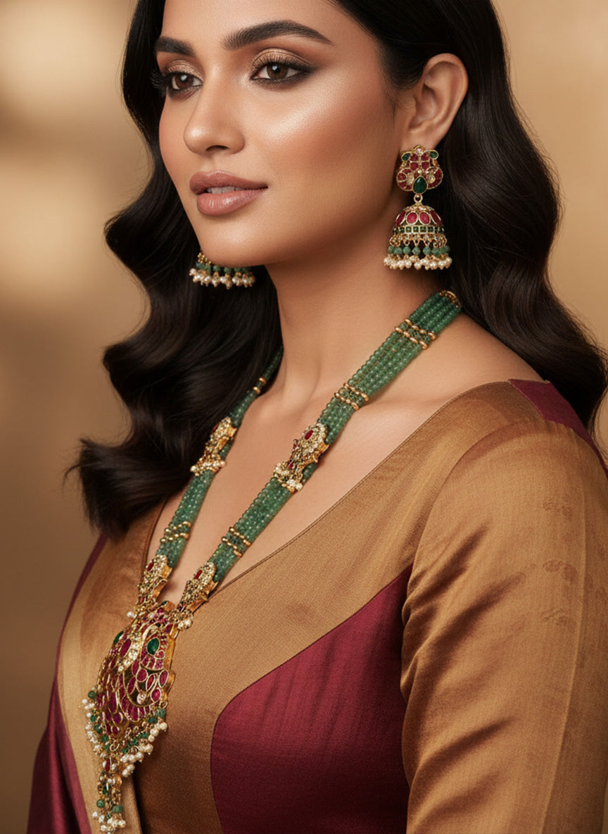 Traditional Bridal Royal Kemp Stone Haram Necklace Set | SHOBITAM