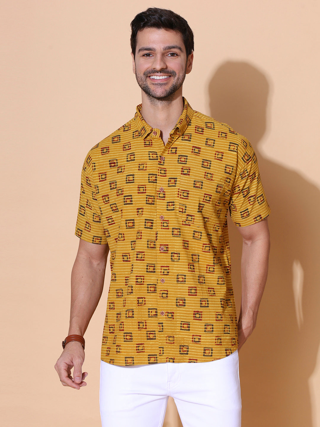 Sunbaked Ajrakh Half Sleeve Artisan Print Shirt in Mustard for Men