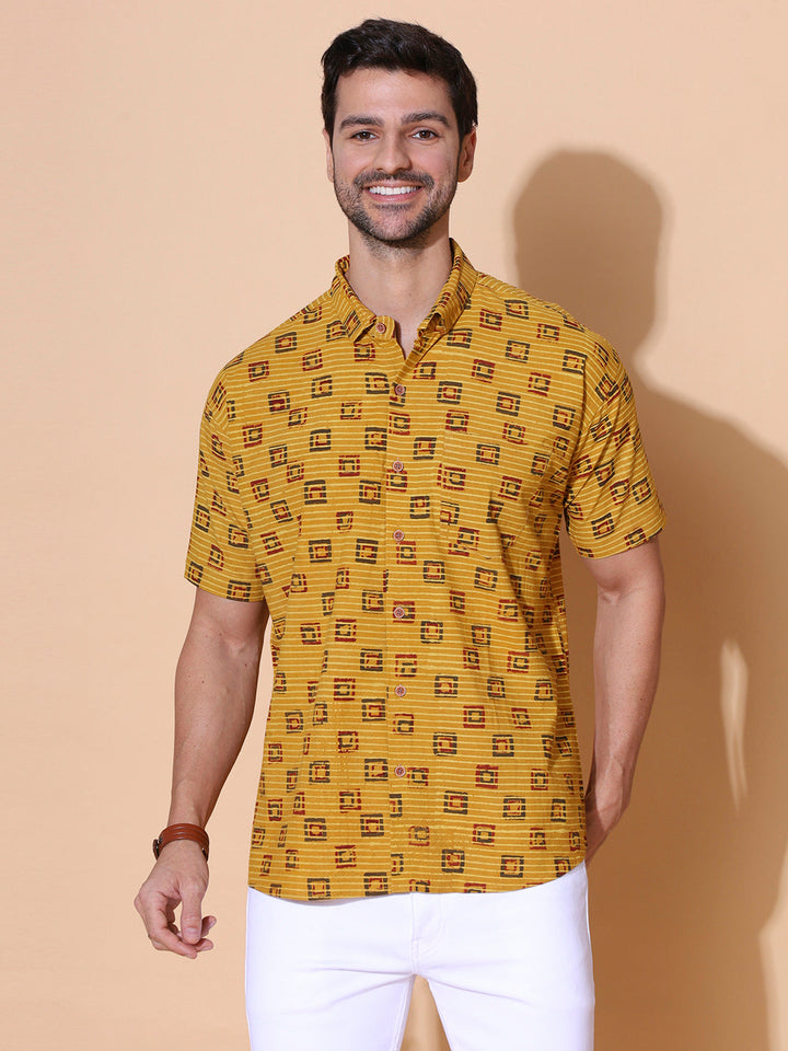 Sunbaked Ajrakh Half Sleeve Artisan Print Shirt in Mustard for Men