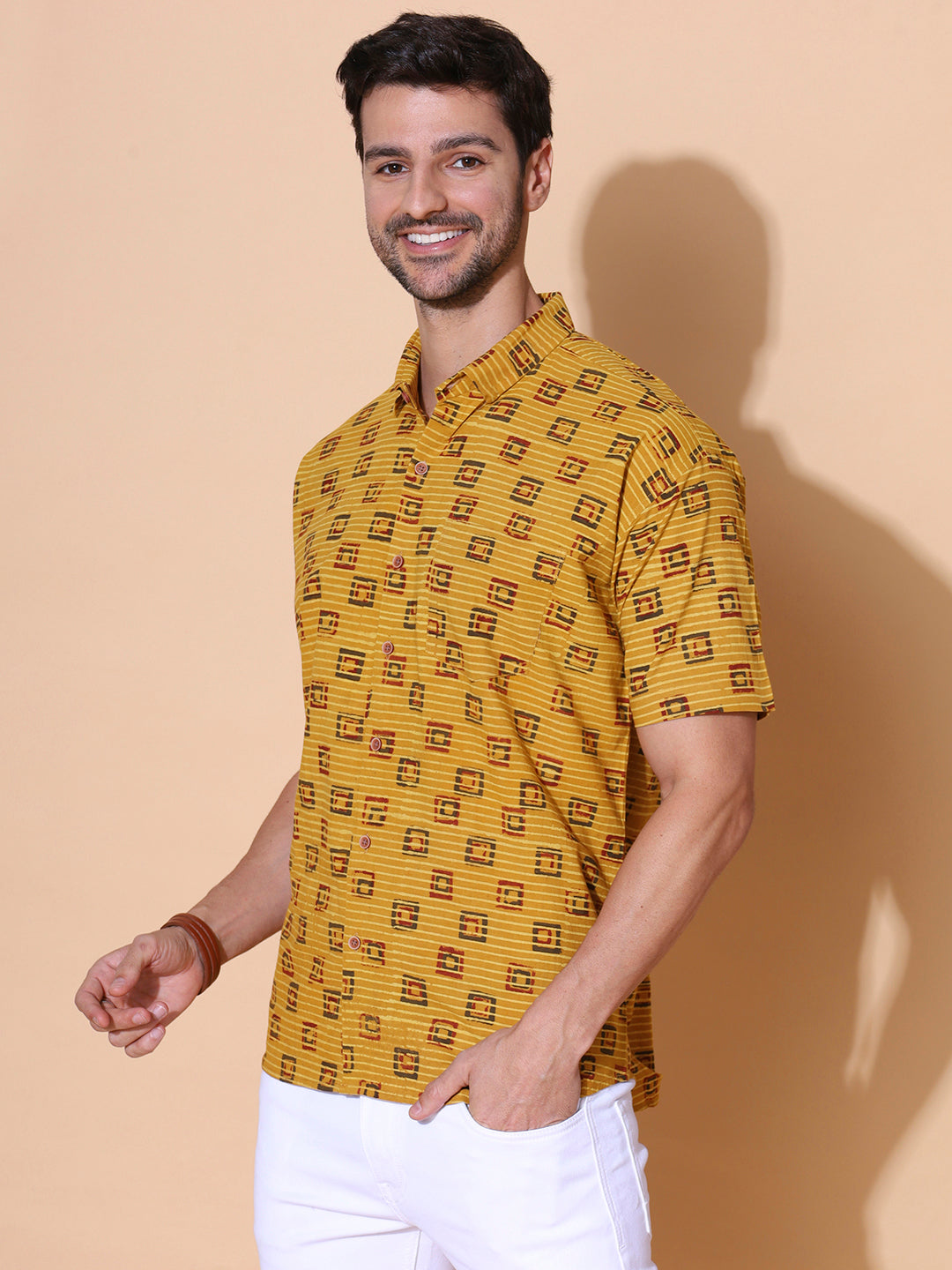 Sunbaked Ajrakh Half Sleeve Artisan Print Shirt in Mustard for Men