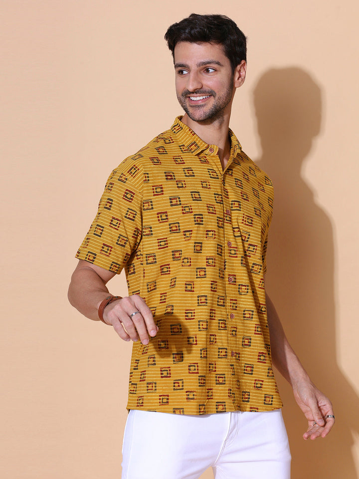 Sunbaked Ajrakh Half Sleeve Artisan Print Shirt in Mustard for Men